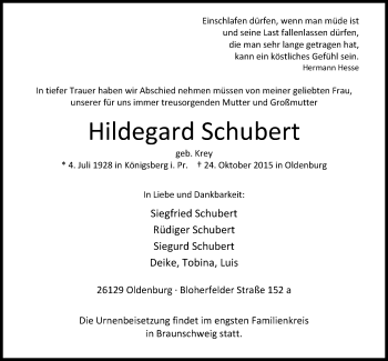Traueranzeige von Hildegard Schubert von Nordwest-Zeitung