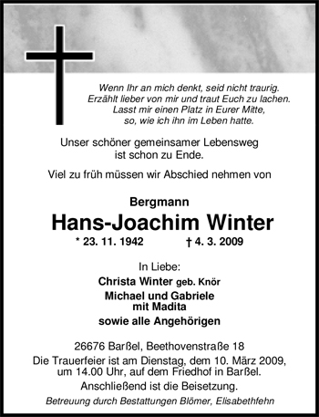 Traueranzeige von Hans-Joachim Winter von Nordwest-Zeitung