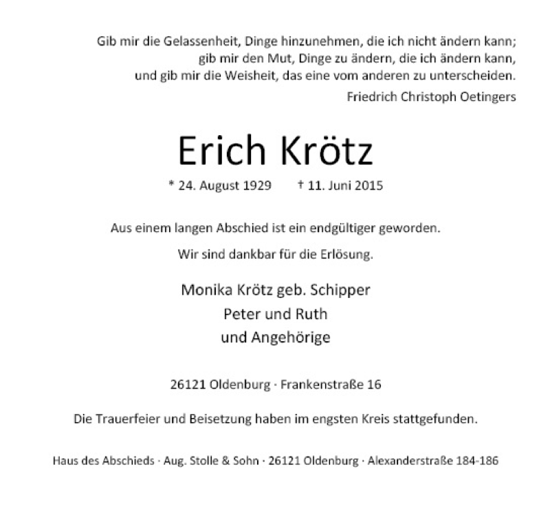  Traueranzeige für Erich Krötz vom 04.07.2015 aus Nordwest Zeitung