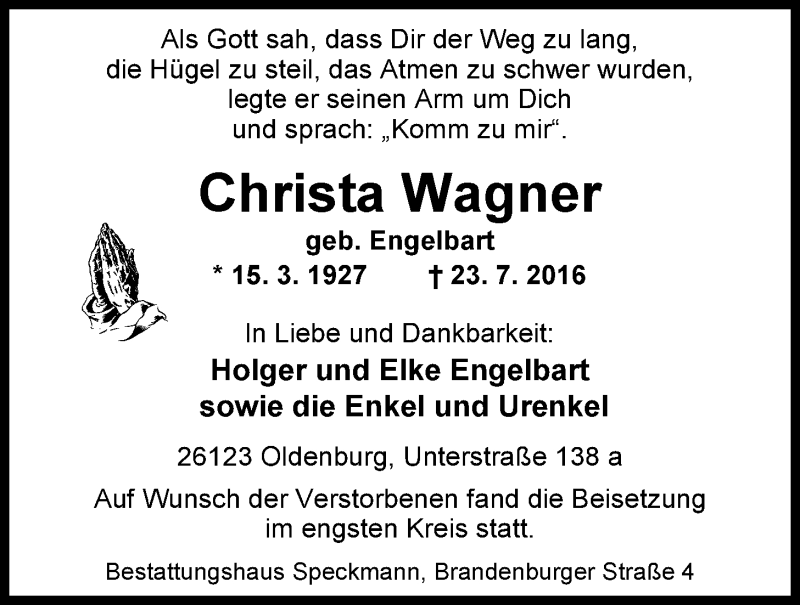  Traueranzeige für Christa Wagner vom 06.08.2015 aus Nordwest-Zeitung