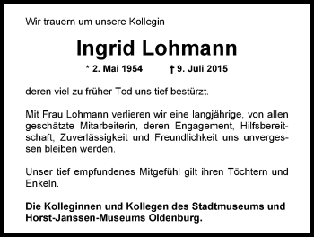 Traueranzeige von Ingrid Lohmann von Nordwest-Zeitung