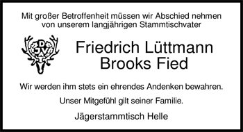 Traueranzeige von Friedrich Brooks Fied Lüttmann von Nordwest-Zeitung