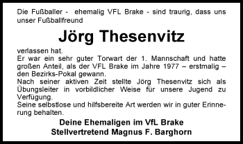 Traueranzeige von Jörg Thesenvitz von Nordwest-Zeitung