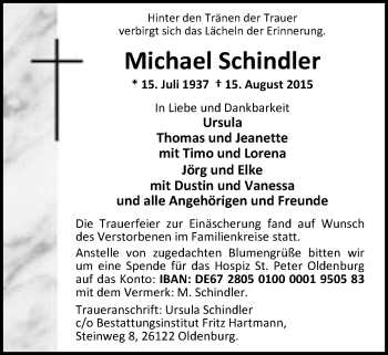 Traueranzeige von Michael Schindler von Nordwest-Zeitung