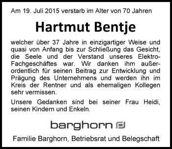 Traueranzeige von Hartmut Bentje von Nordwest-Zeitung