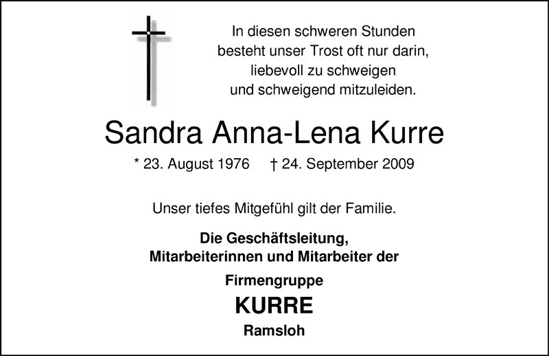  Traueranzeige für Sandra Anna-Lena Kurre vom 26.09.2009 aus Nordwest-Zeitung