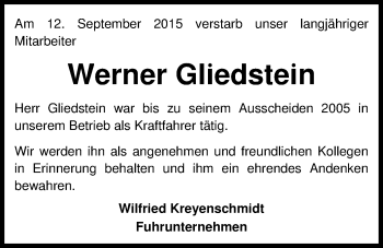 Traueranzeige von Werner Gliedstein von Nordwest-Zeitung