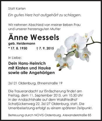 Traueranzeige von Änne Wessels von Nordwest-Zeitung