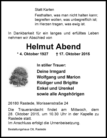 Traueranzeige von Helmut Abend von Nordwest-Zeitung