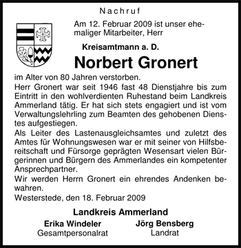 Traueranzeige von Norbert Gronert von Nordwest-Zeitung