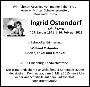 Traueranzeige von Ingrid Ostendorf von Nordwest-Zeitung
