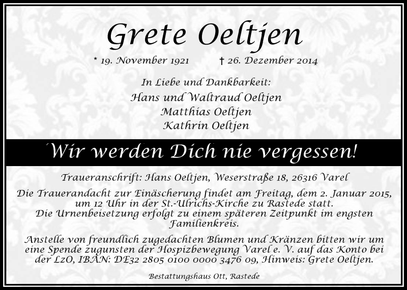  Traueranzeige für Grete Oeltjen vom 30.12.2014 aus Nordwest-Zeitung
