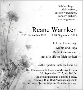 Traueranzeige von Reane Warnken von Nordwest-Zeitung