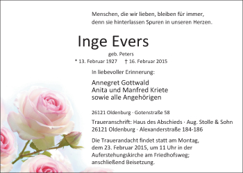 Traueranzeige von Inge Evers von Nordwest-Zeitung