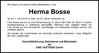 Traueranzeige von Herma Bosse von Nordwest-Zeitung