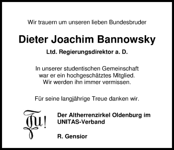 Traueranzeige von Dieter-Joachim Bannowsky von Nordwest-Zeitung