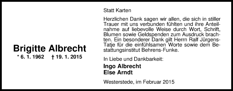  Traueranzeige für Brigitte Albrecht vom 28.02.2015 aus Nordwest-Zeitung