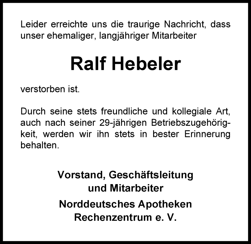  Traueranzeige für Ralf Hebeler vom 28.05.2015 aus Nordwest-Zeitung