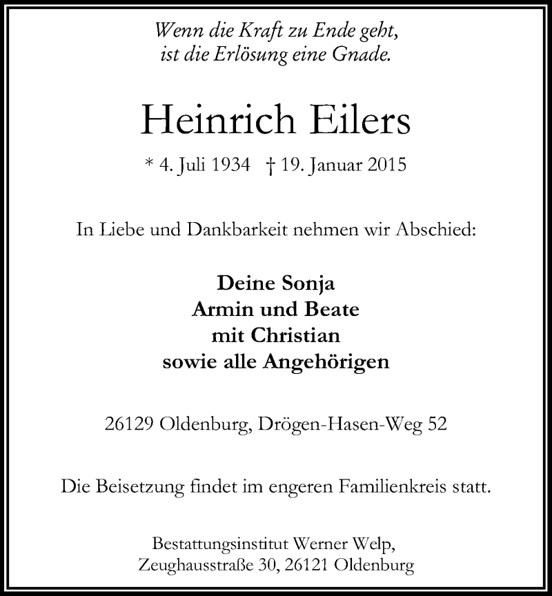  Traueranzeige für Heinrich Eilers vom 24.01.2015 aus Nordwest-Zeitung