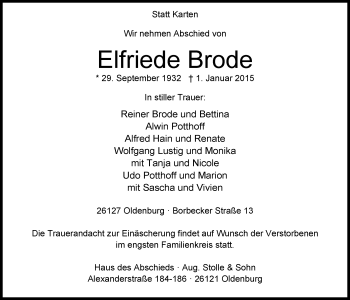 Traueranzeige von Elfriede Brode von Nordwest-Zeitung