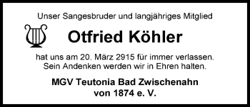 Traueranzeige von Otfried Köhler von Nordwest-Zeitung