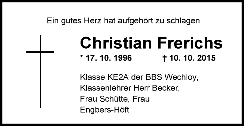  Traueranzeige für Christian Frerichs vom 15.10.2015 aus Nordwest-Zeitung