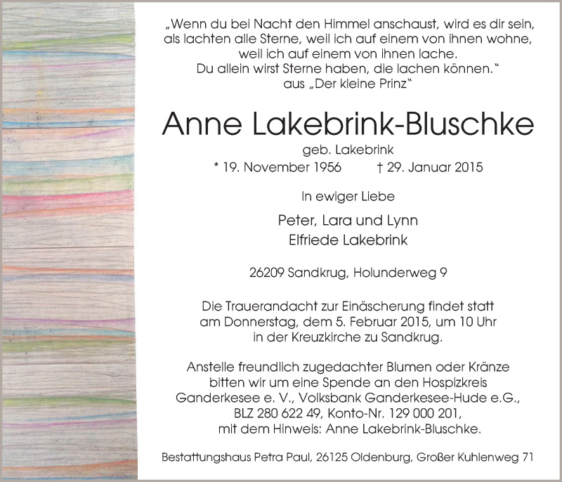  Traueranzeige für Anne Lakebrink-Bluschke vom 03.02.2015 aus Nordwest-Zeitung