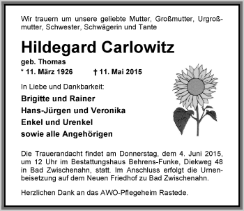 Traueranzeige von Hildegard Carlowitz von Nordwest-Zeitung