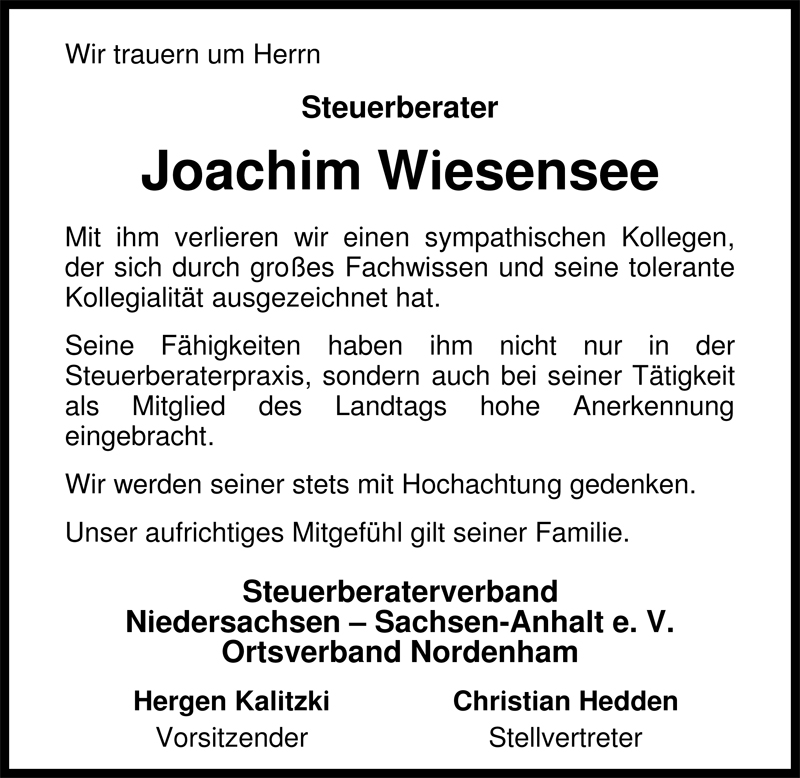  Traueranzeige für Joachim Wiesensee vom 29.08.2009 aus Nordwest-Zeitung
