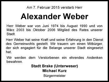 Traueranzeige von Alexander Hermann Hans Weber von Nordwest-Zeitung