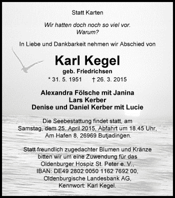 Traueranzeige von Karl Kegel von Nordwest-Zeitung