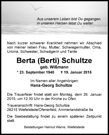 Traueranzeige von Berta Schultze von Nordwest-Zeitung