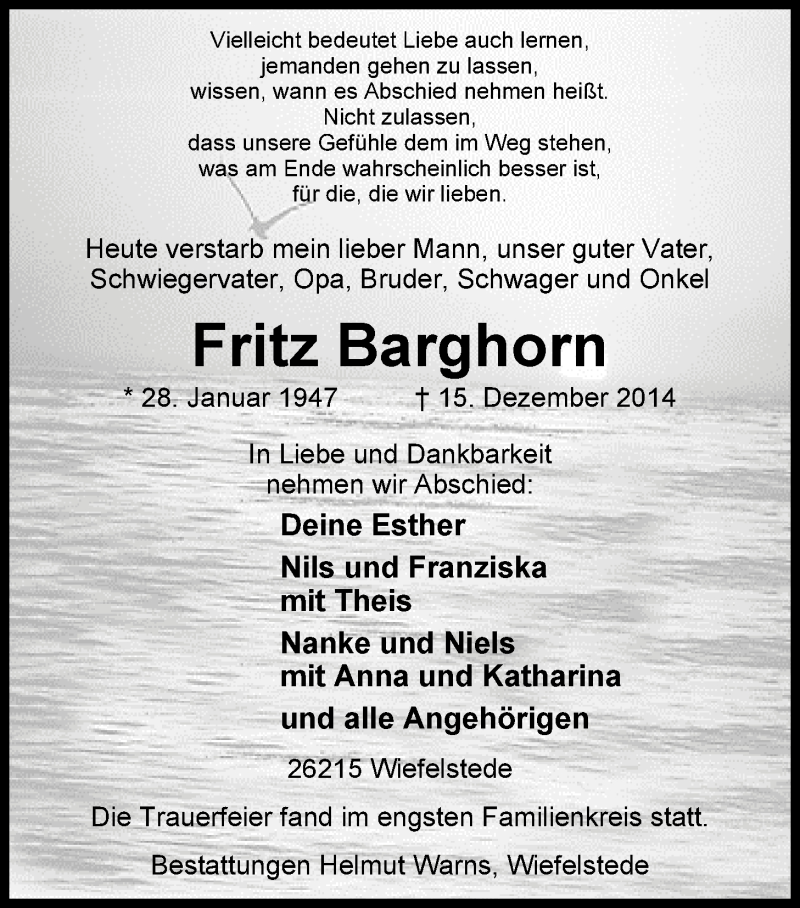  Traueranzeige für Fritz Barghorn vom 20.12.2014 aus Nordwest-Zeitung