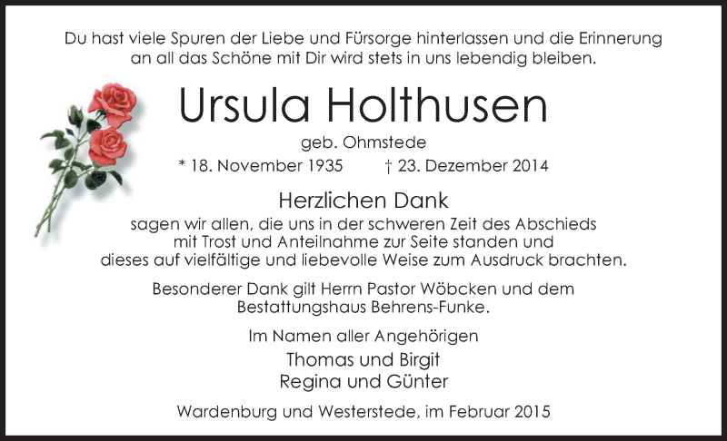  Traueranzeige für Ursula Holthusen vom 14.02.2015 aus Nordwest-Zeitung