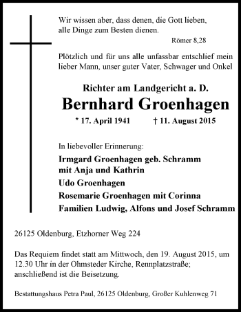 Traueranzeige von Bernhard Groenhagen von Nordwest-Zeitung