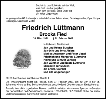 Traueranzeige von Friedrich Brooks Fied Lüttmann von Nordwest-Zeitung