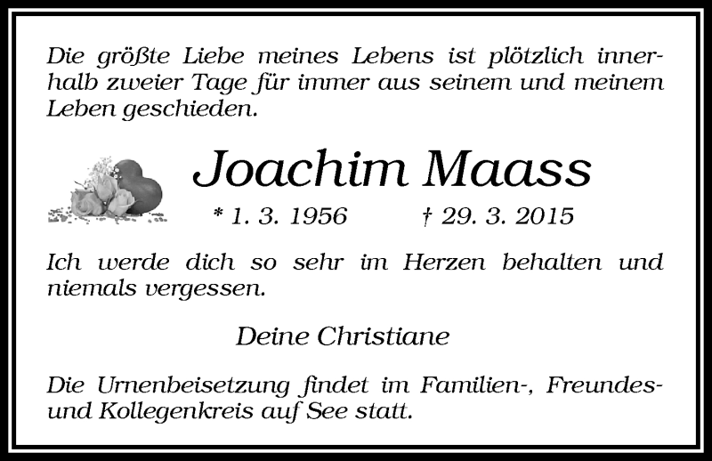  Traueranzeige für Joachim Maass vom 04.04.2015 aus Nordwest-Zeitung