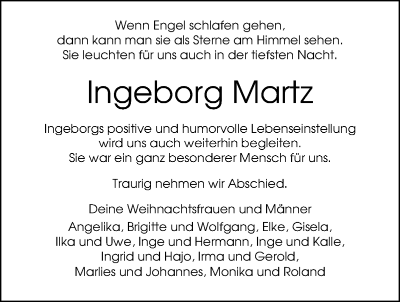  Traueranzeige für Ingeborg Martz vom 10.01.2015 aus Nordwest-Zeitung