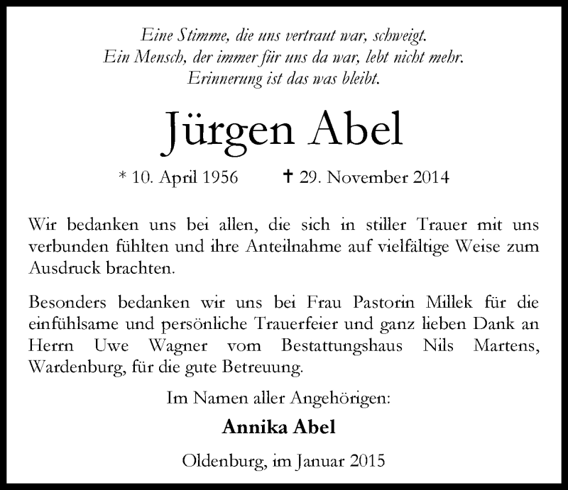  Traueranzeige für Jürgen Abel vom 31.01.2015 aus Nordwest-Zeitung