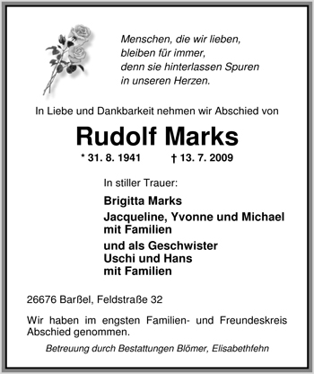 Traueranzeige von Rudolf Marks von Nordwest-Zeitung