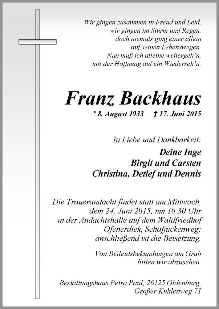  Traueranzeige für Franz Backhaus vom 20.06.2015 aus Nordwest-Zeitung