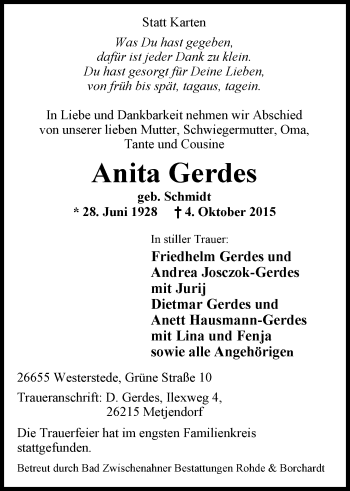 Traueranzeige von Anita Gerdes von Nordwest-Zeitung