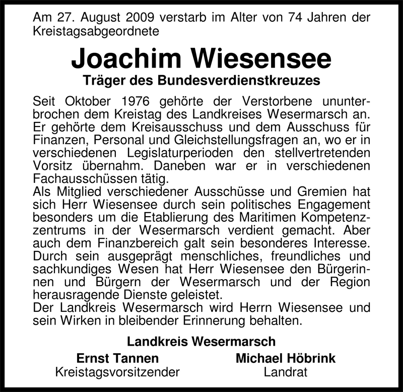  Traueranzeige für Joachim Wiesensee vom 29.08.2009 aus Nordwest-Zeitung