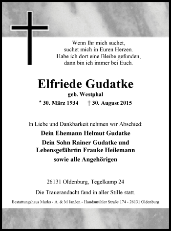Traueranzeige von Elfriede Gudatke von Nordwest-Zeitung