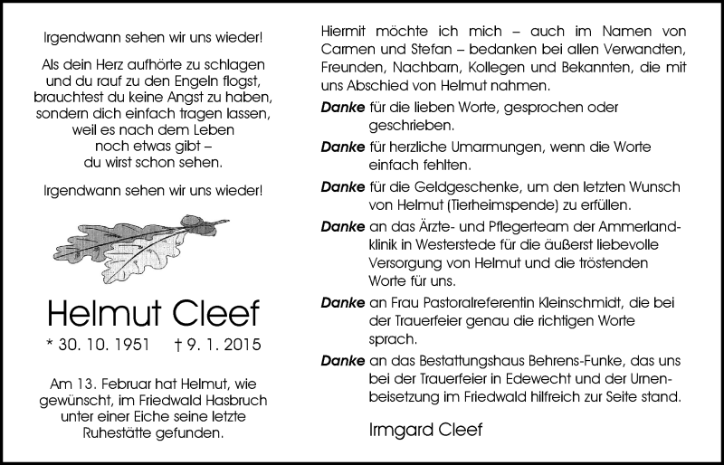  Traueranzeige für Helmut Cleef vom 28.03.2015 aus Nordwest-Zeitung