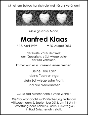 Traueranzeige von Manfred Klaas von Nordwest-Zeitung