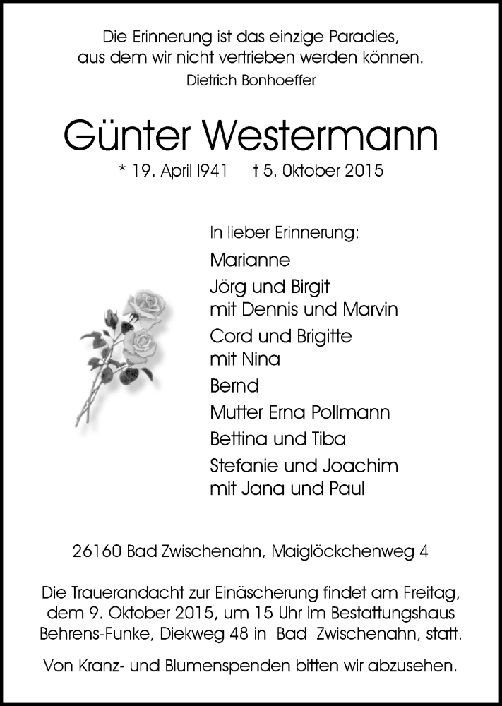  Traueranzeige für Günter Westermann vom 07.10.2015 aus Nordwest-Zeitung
