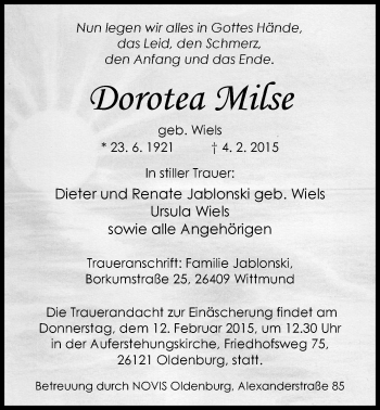 Traueranzeige von Dorotea Milse von Nordwest-Zeitung
