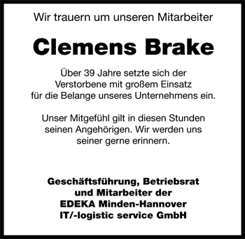 Traueranzeige von Clemens Brake von Nordwest-Zeitung