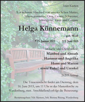 Traueranzeige von Helga Künnemann von Nordwest-Zeitung